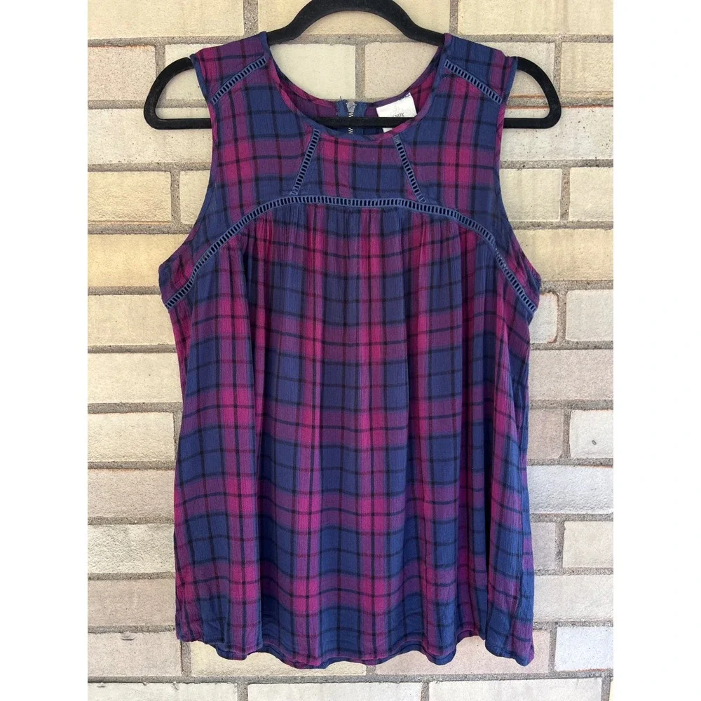 Knox Rose Purple Blue Plaid Sleeveless Crochet Trim Blouse Top Size Small - Picture 3 of 5